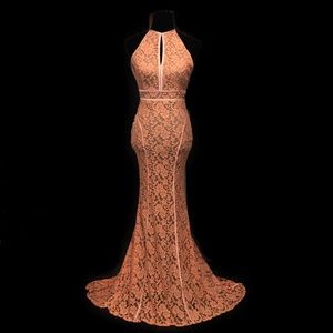 Peach Coral Halter Lace Gown